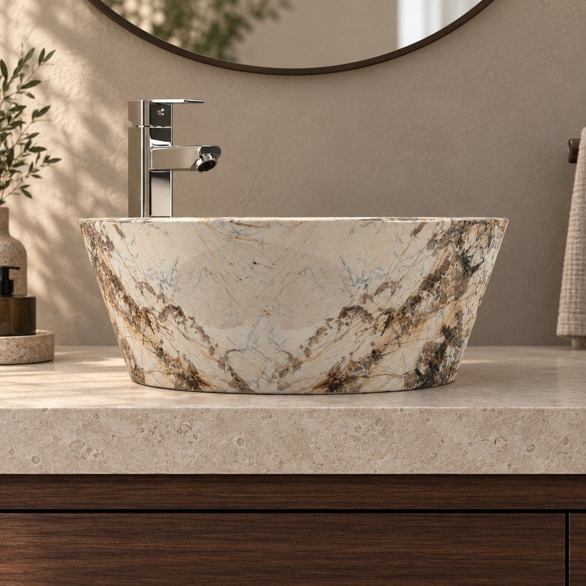 Sauri Pandora Blanc Quartzite Vessel Sink — low frontal bathroom lifestyle