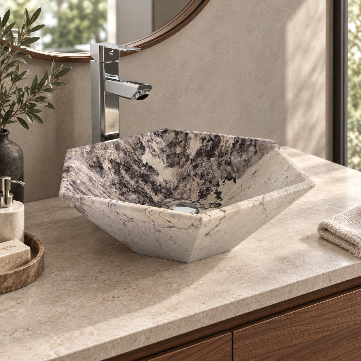 Scarlet Pandora Blanc Quartzite Vessel Sink — three-quarter bathroom lifestyle