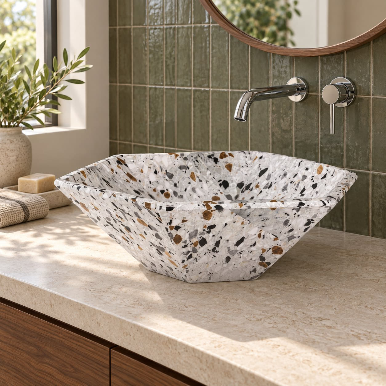 Scarlet Sky Terrazzo Vessel Sink — three-quarter bathroom lifestyle