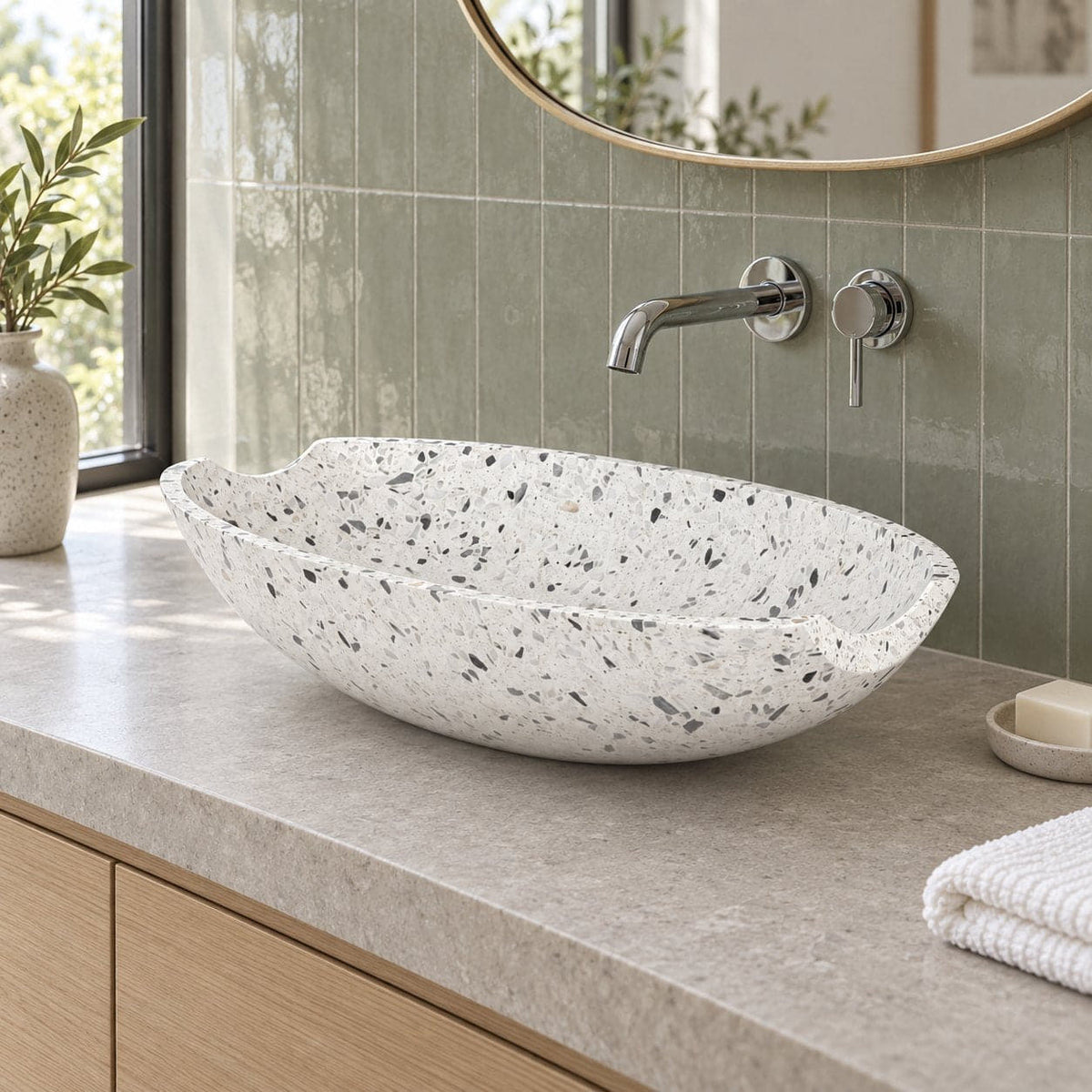 Shabu White Terrazzo Vessel Sink — three-quarter bathroom lifestyle