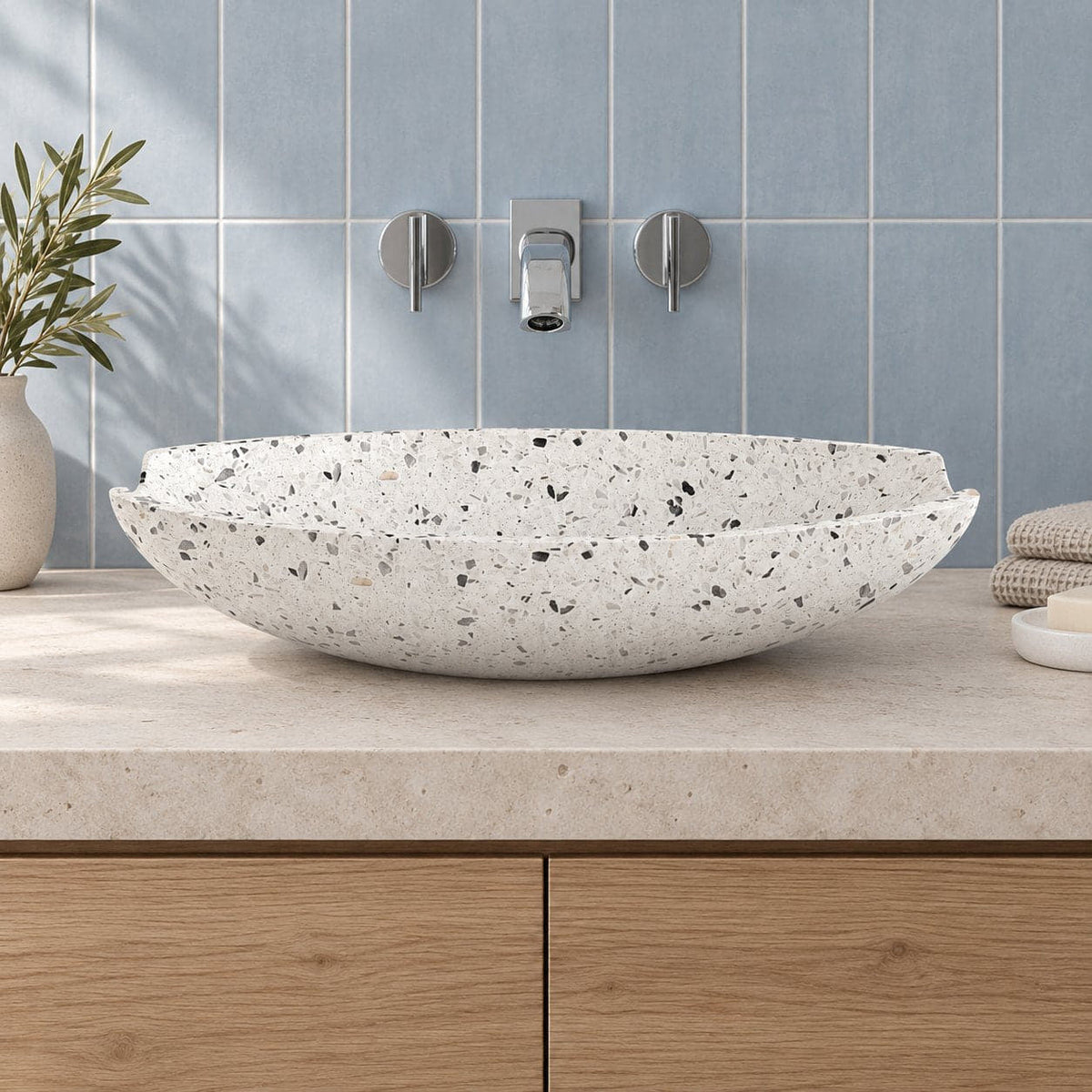 Shabu White Terrazzo Vessel Sink — low frontal bathroom lifestyle