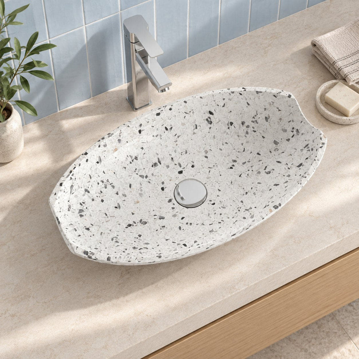 Shabu White Terrazzo Vessel Sink — overhead bathroom lifestyle