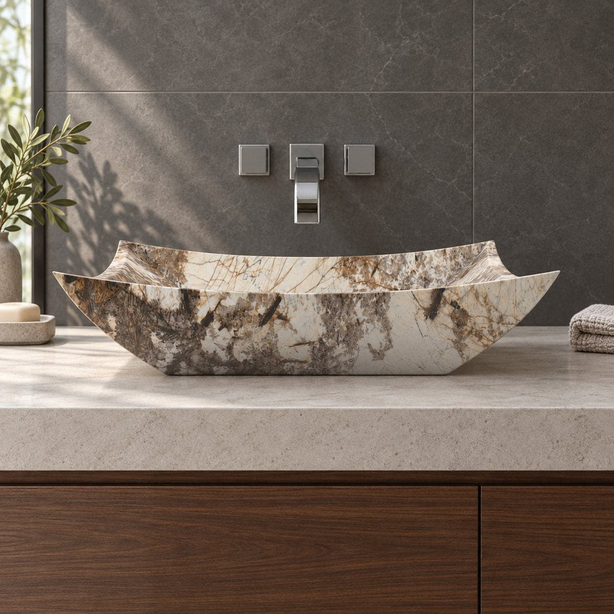 Shachi Pandora Blanc Quartzite Vessel Sink — low frontal bathroom lifestyle