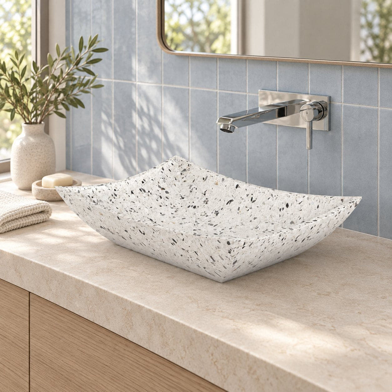 Shachi White Terrazzo Vessel Sink — three-quarter bathroom lifestyle