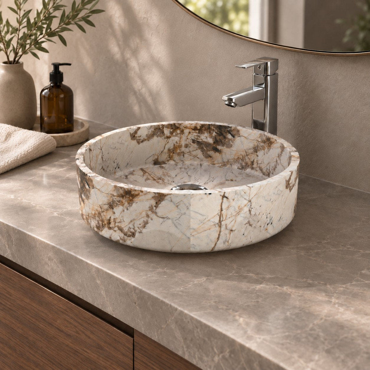 Shadi Pandora Blanc Quartzite Vessel Sink — three-quarter bathroom lifestyle