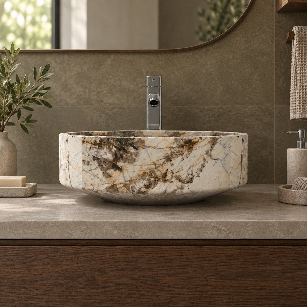 Shadi Pandora Blanc Quartzite Vessel Sink — low frontal bathroom lifestyle