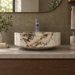 Shadi Pandora Blanc Quartzite Vessel Sink — low frontal bathroom lifestyle
