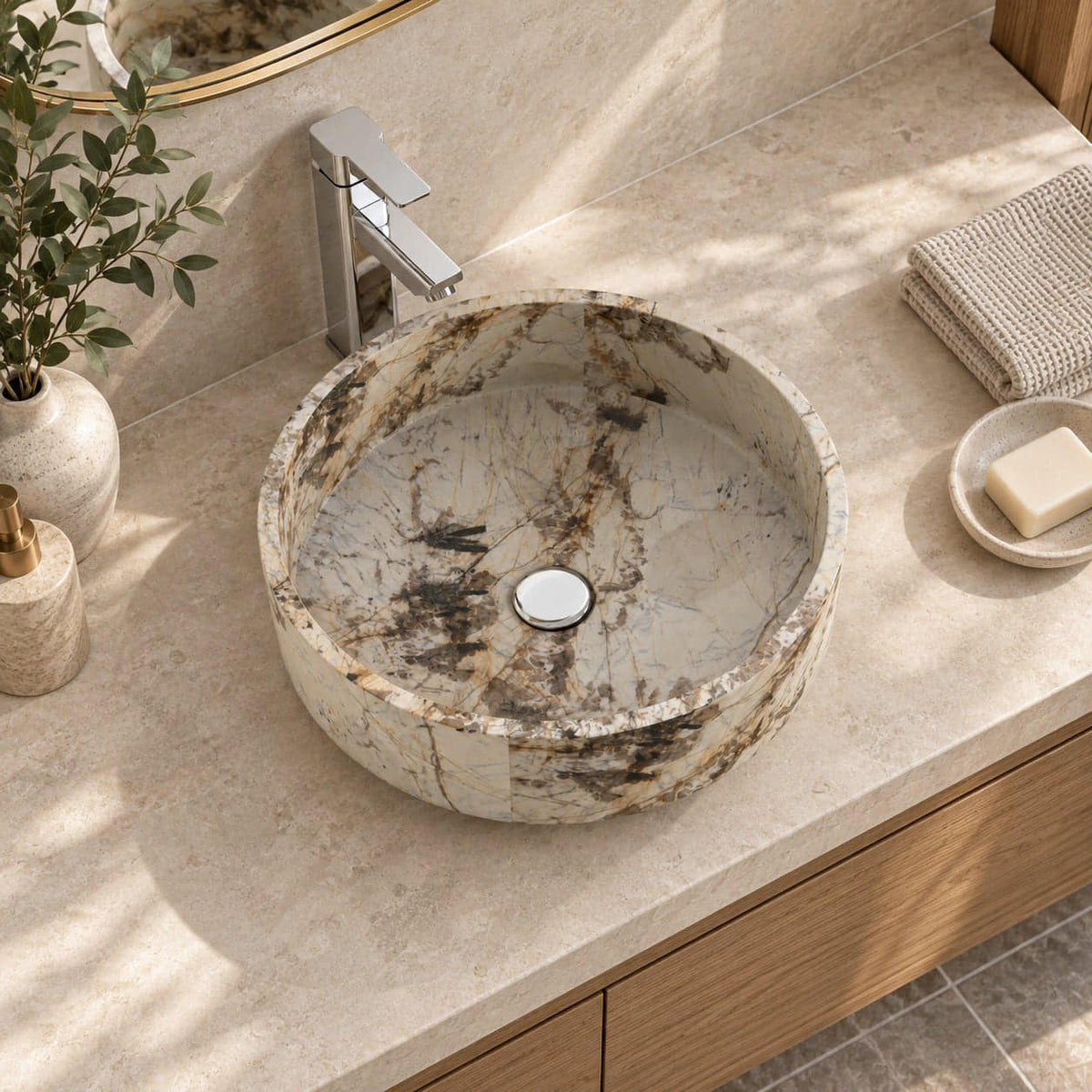 Shadi Pandora Blanc Quartzite Vessel Sink — overhead bathroom lifestyle