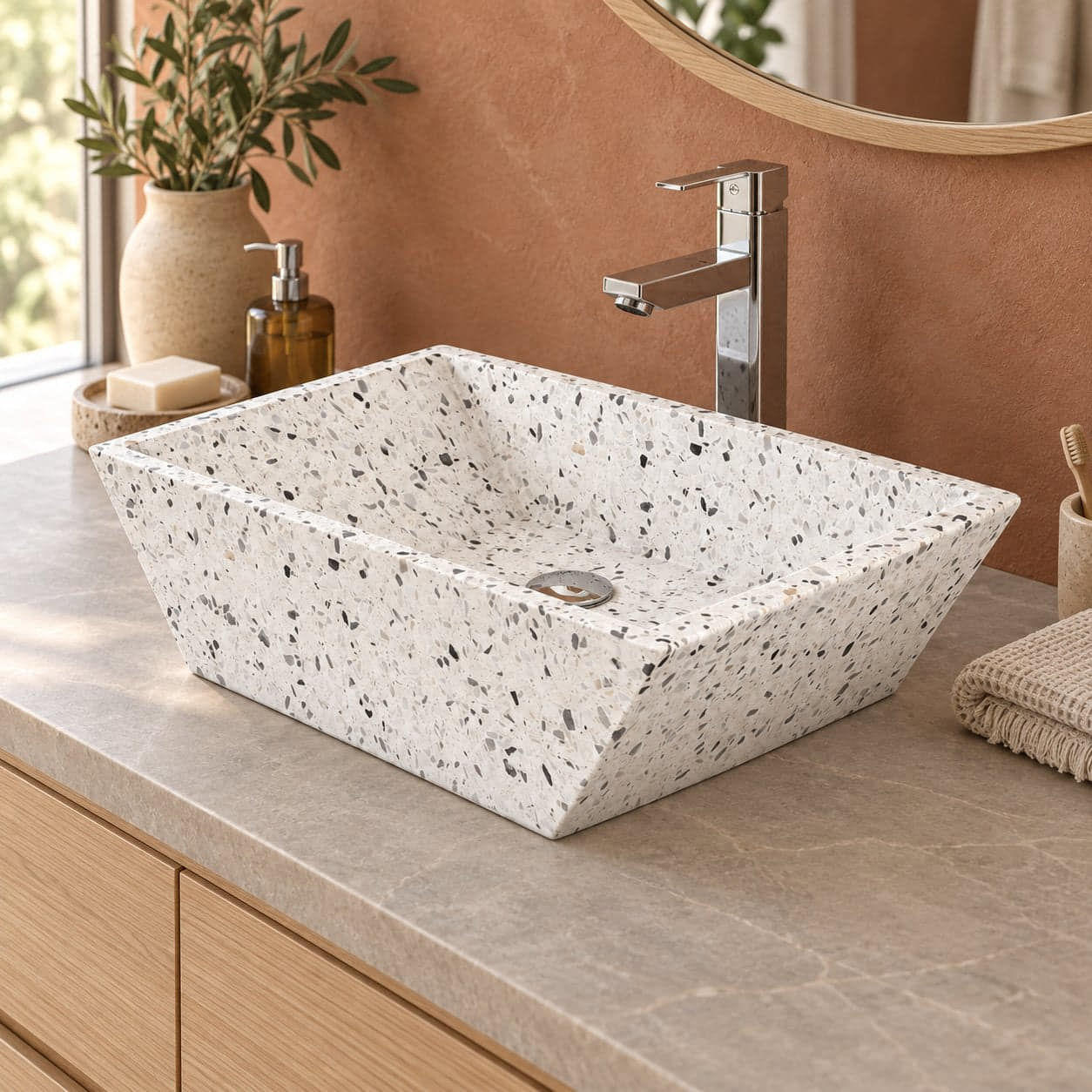 Shadiya White Terrazzo Vessel Sink — three-quarter bathroom lifestyle