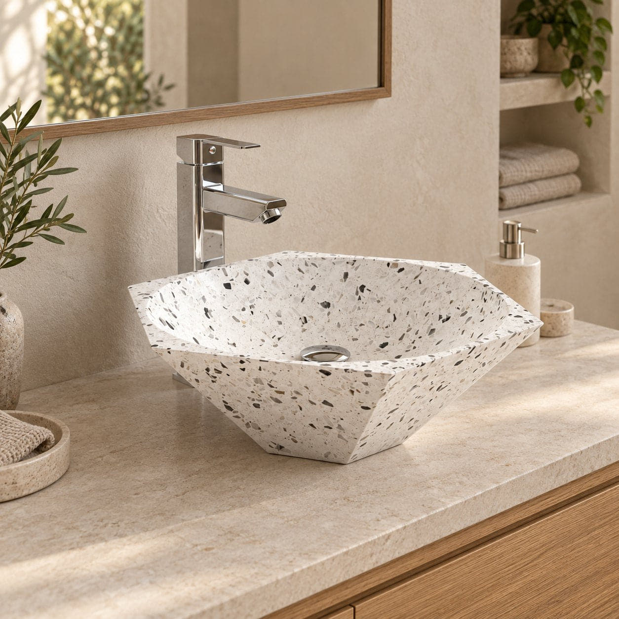 Shadley White Terrazzo Vessel Sink — three-quarter bathroom lifestyle