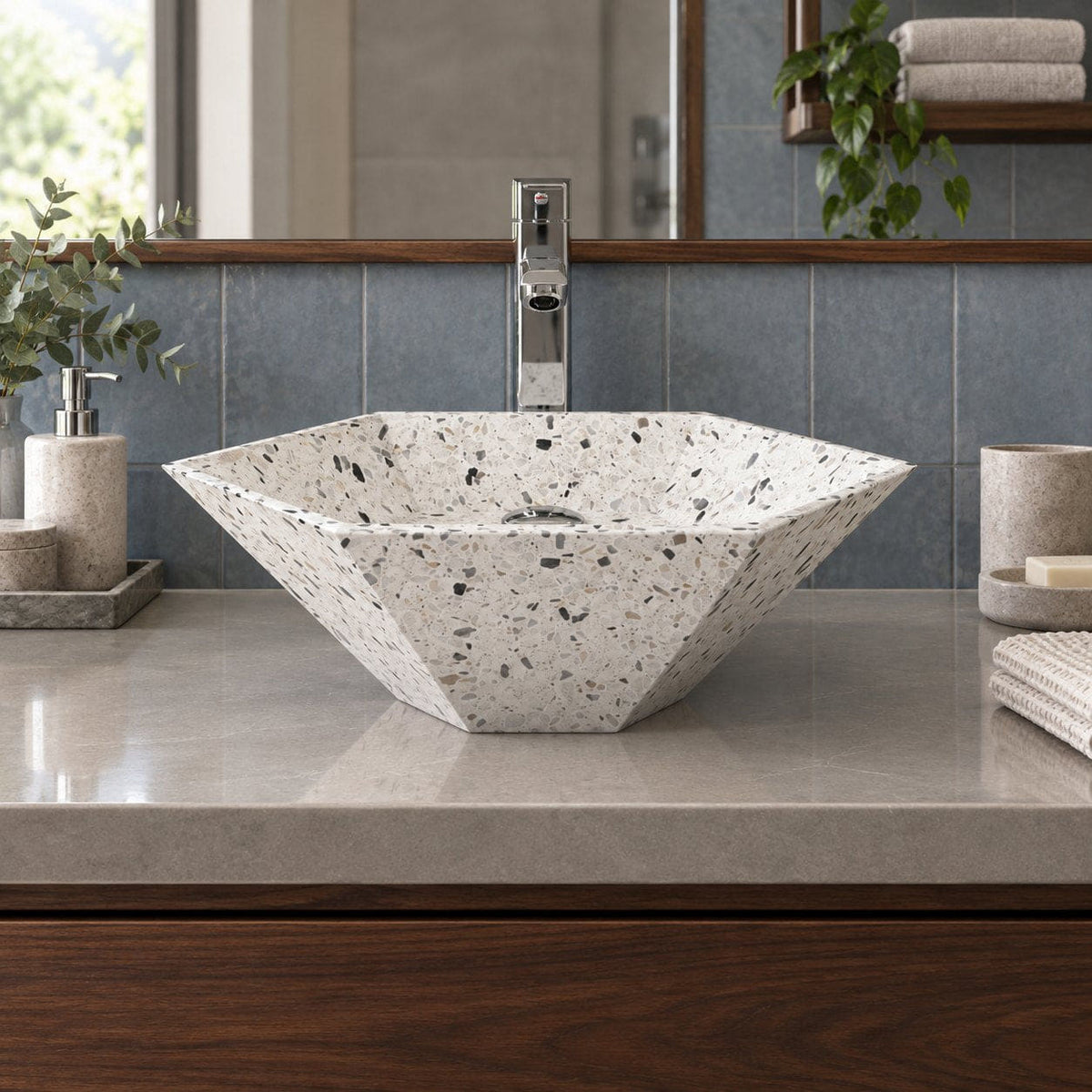 Shadley White Terrazzo Vessel Sink — low frontal bathroom lifestyle