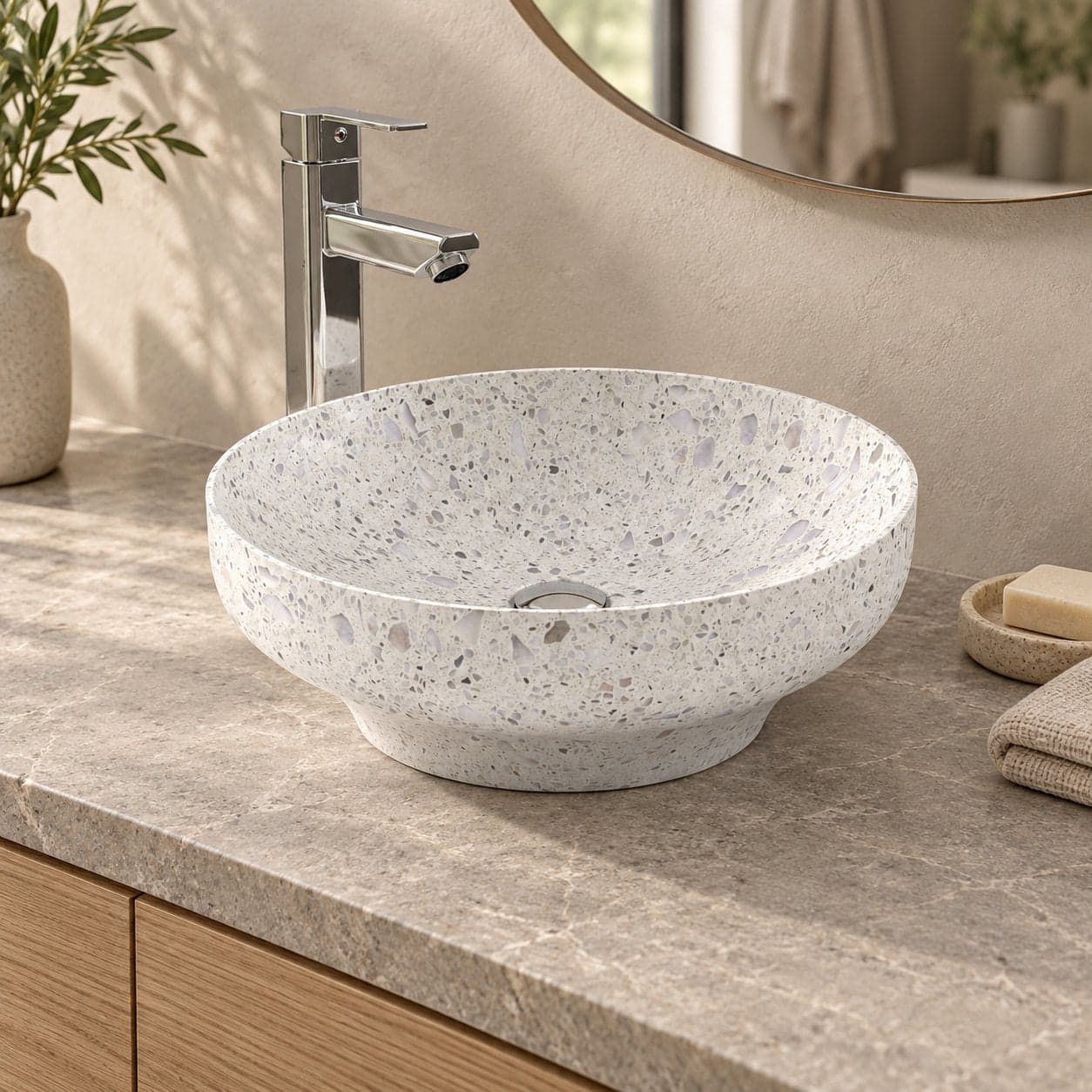 Shaela Color Terrazzo Vessel Sink — three-quarter bathroom lifestyle