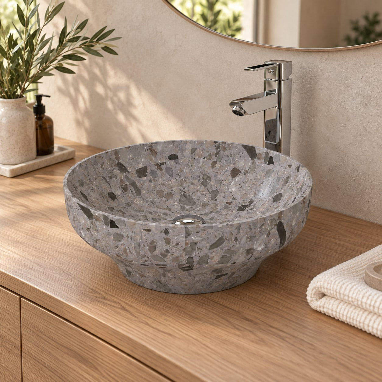 Shaela Dark Terrazzo Vessel Sink — three-quarter bathroom lifestyle