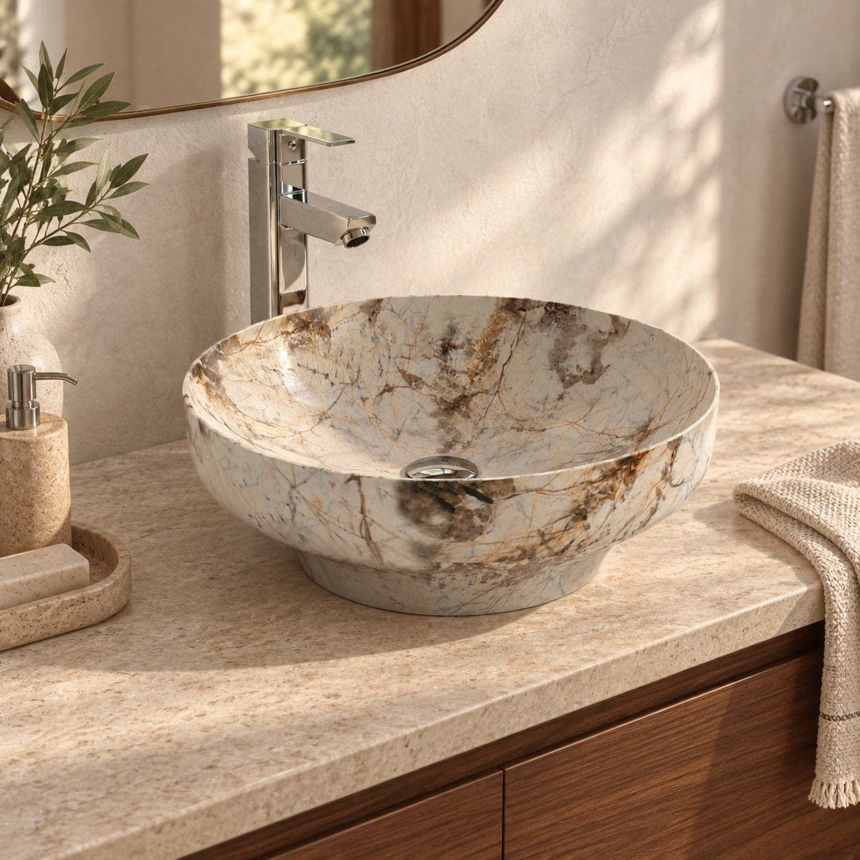 Shaela Pandora Blanc Quartzite Vessel Sink — three-quarter bathroom lifestyle