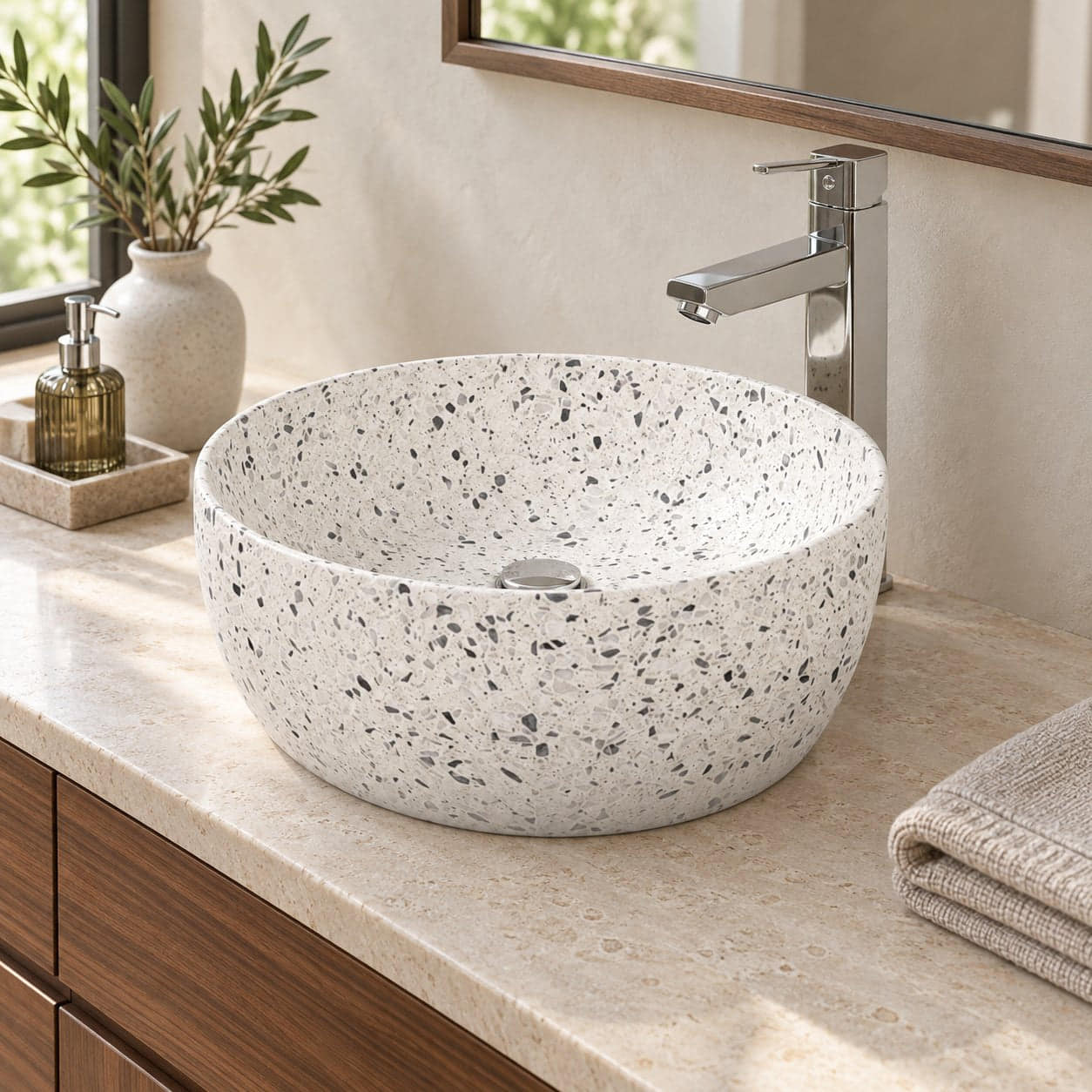 Shaia White Terrazzo Vessel Sink — three-quarter bathroom lifestyle