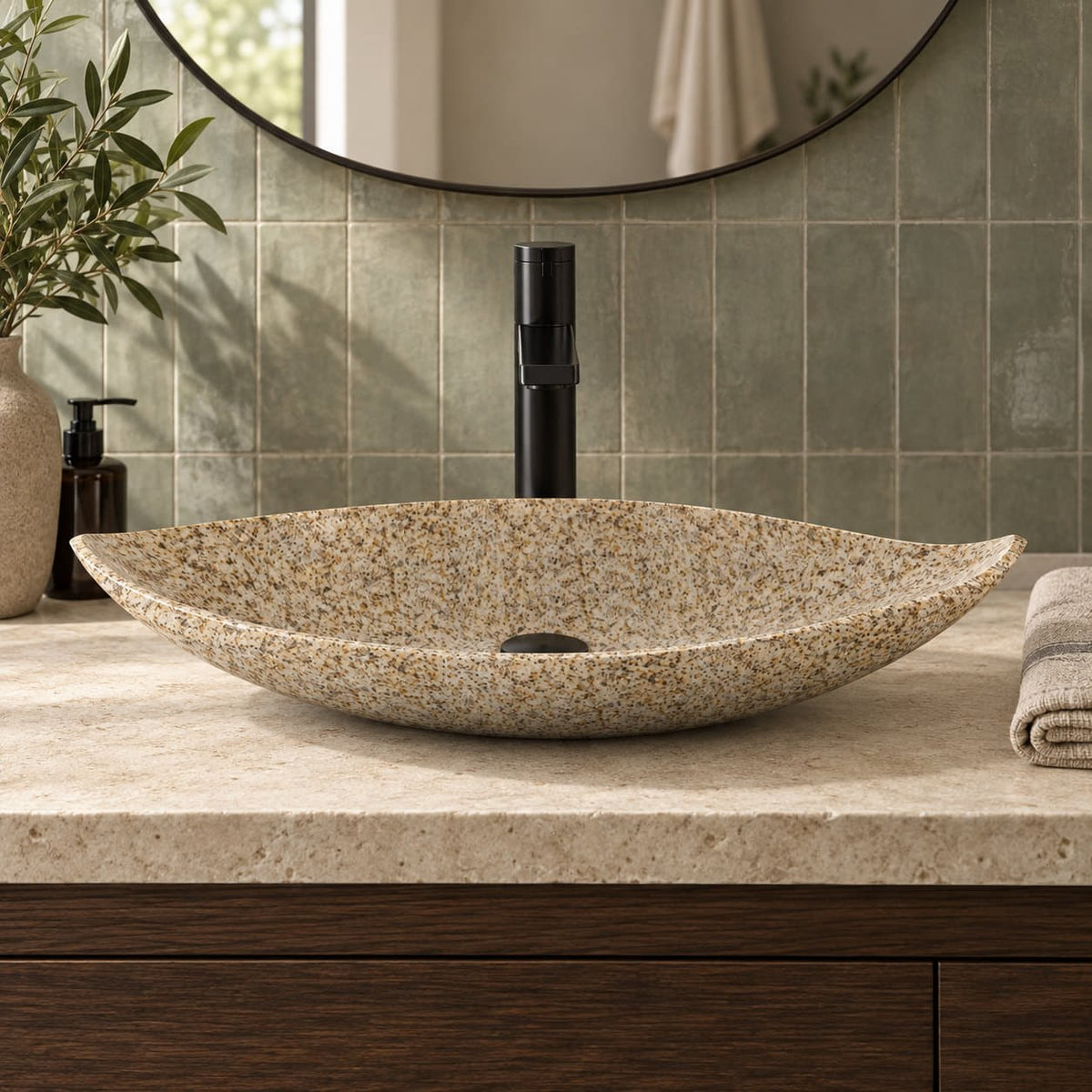 Sikota Sicilia Stone Vessel Sink — low frontal bathroom lifestyle