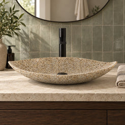 Sikota Sicilia Stone Vessel Sink — low frontal bathroom lifestyle