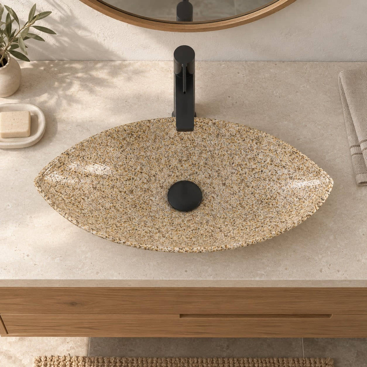 Sikota Sicilia Stone Vessel Sink — overhead bathroom lifestyle