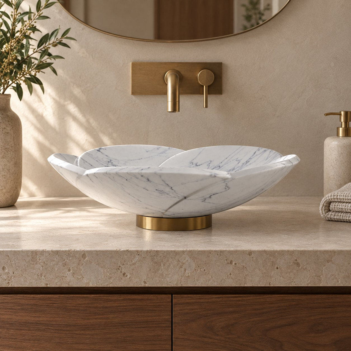 Sissy Carrara Marble Vessel Sink — low frontal bathroom lifestyle