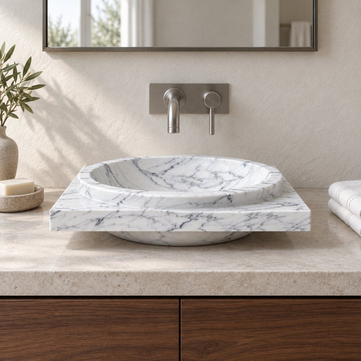 Somaya Carrara Marble Vessel Sink — low frontal bathroom lifestyle