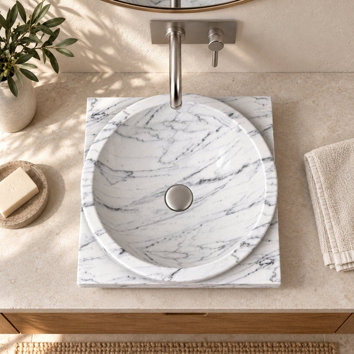 Somaya Carrara Marble Vessel Sink — overhead bathroom lifestyle