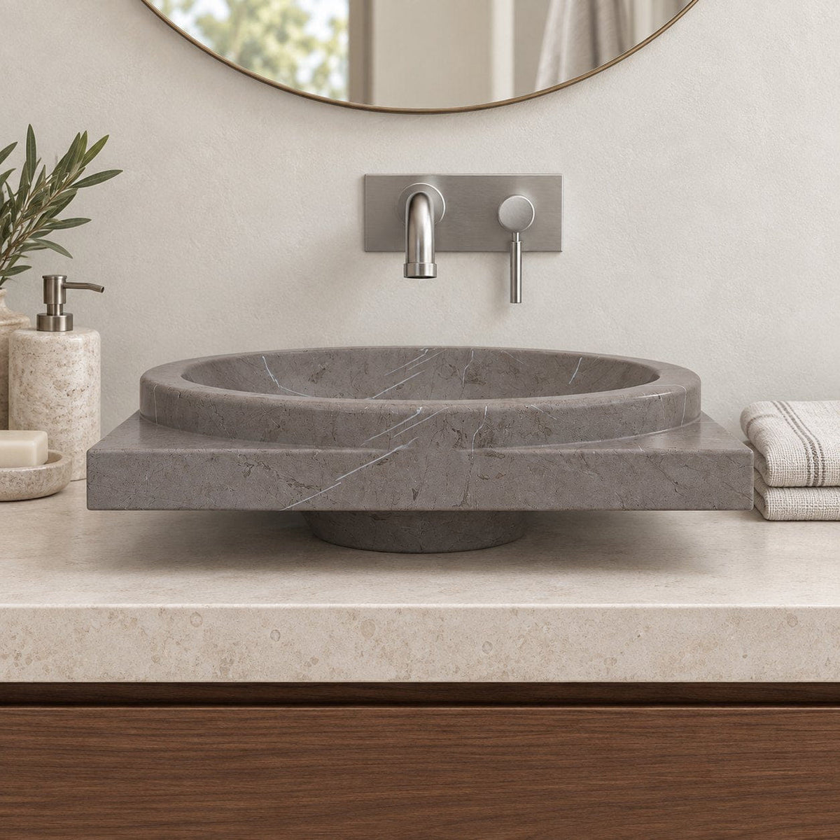 Somaya Perlato Marble Vessel Sink — low frontal bathroom lifestyle
