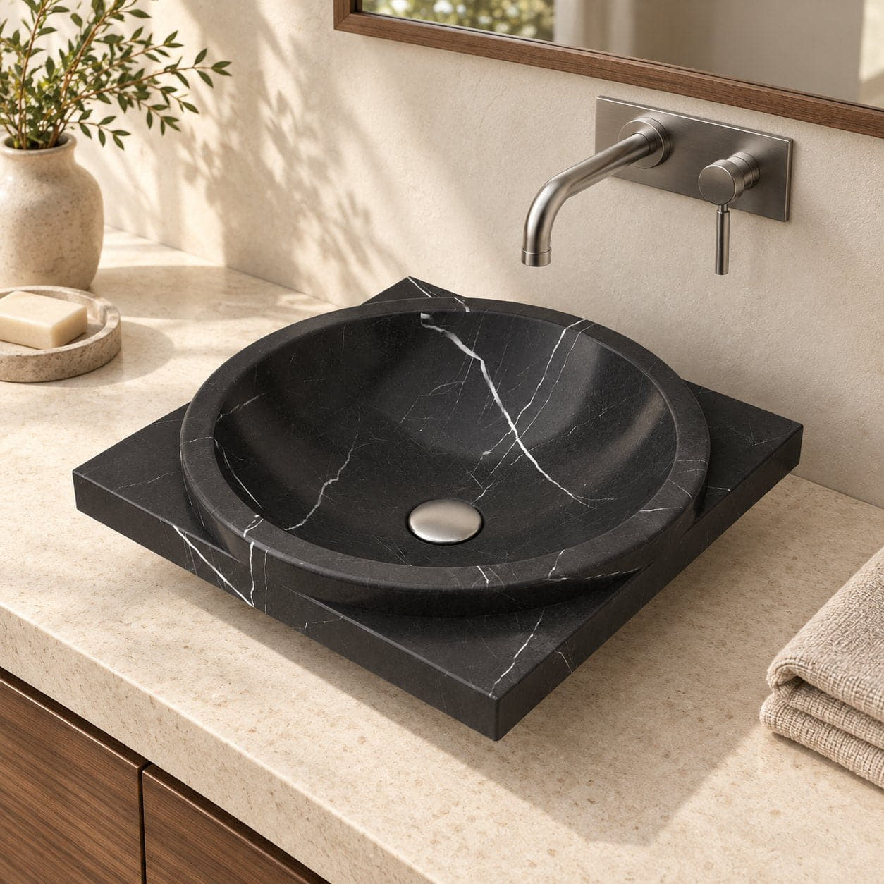 Somaya Portoro Marble Vessel Sink — three-quarter bathroom lifestyle