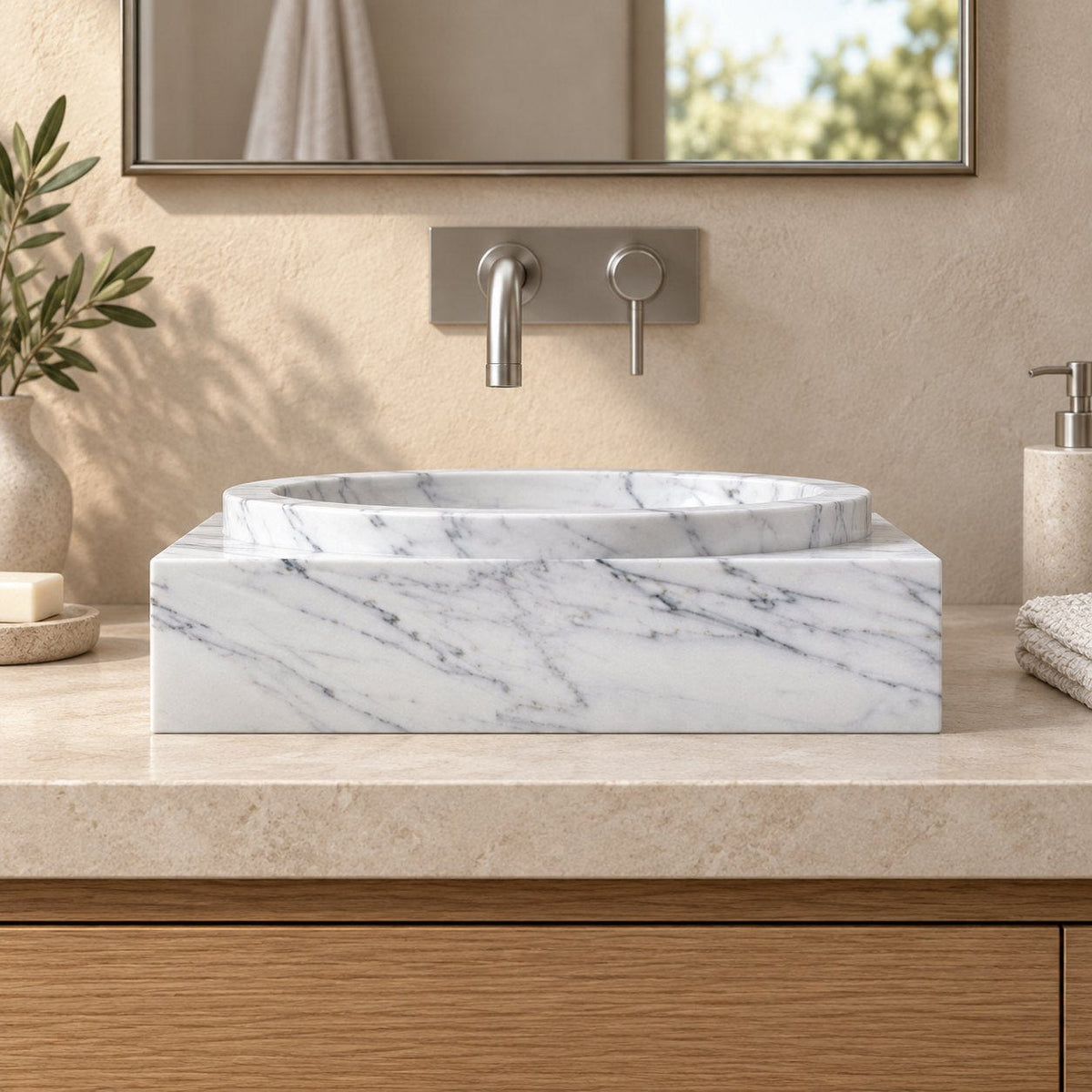 Somila Carrara Marble Vessel Sink — low frontal bathroom lifestyle