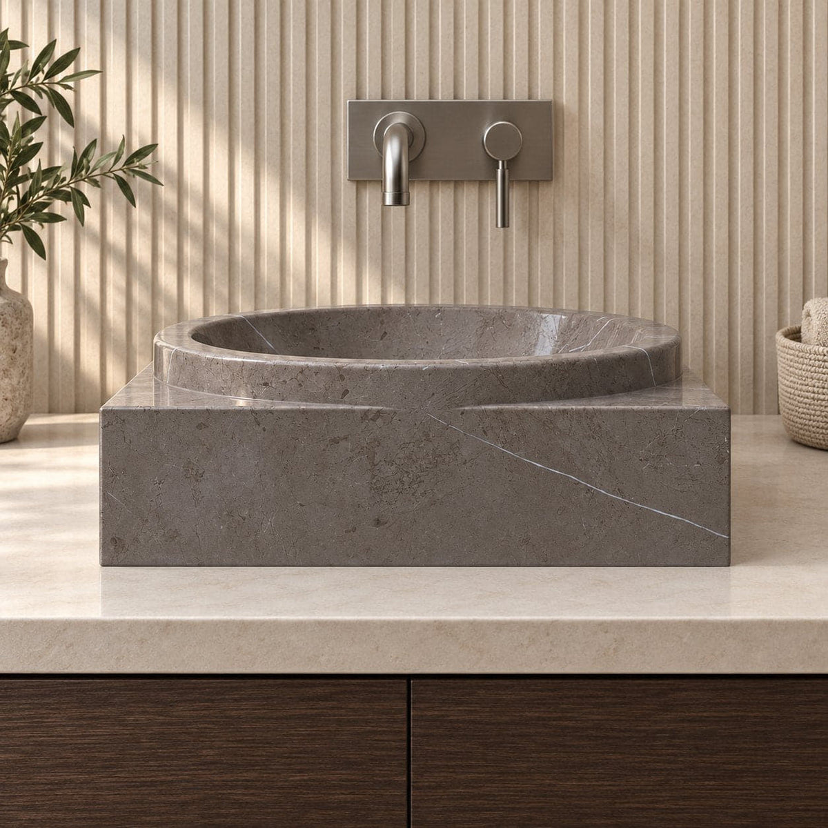 Somila Perlato Marble Vessel Sink — low frontal bathroom lifestyle