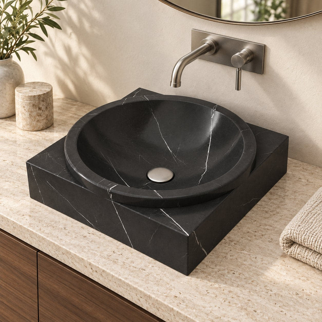 Somila Portoro Marble Vessel Sink — three-quarter bathroom lifestyle