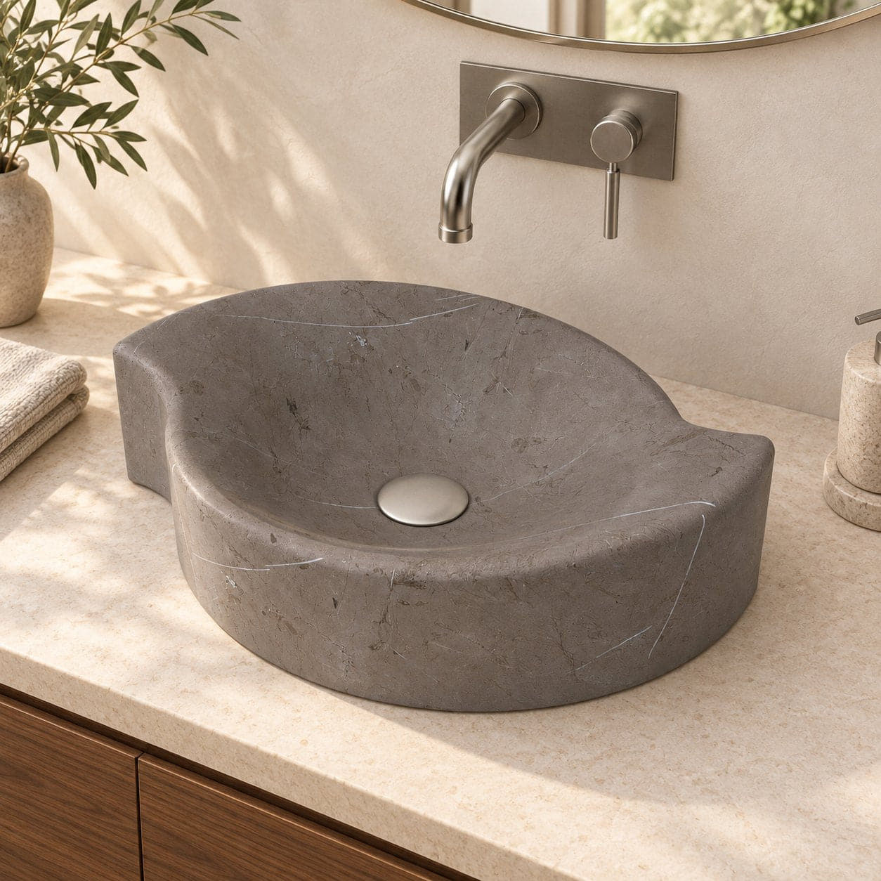 Sommer Perlato Marble Vessel Sink — three-quarter bathroom lifestyle