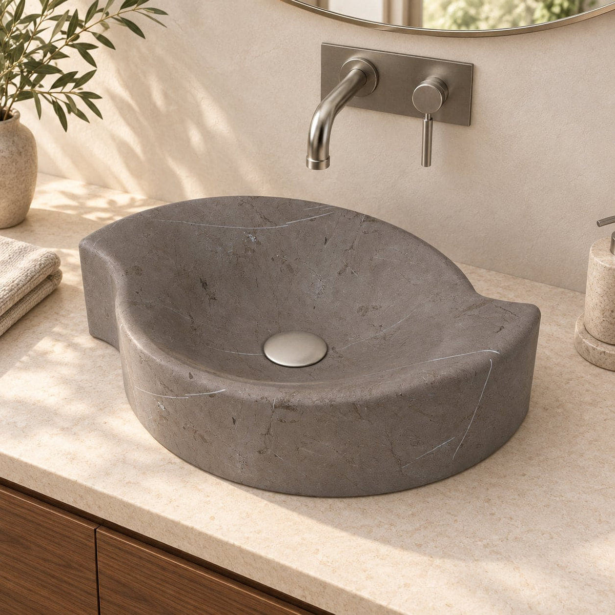 Sommer Perlato Marble Vessel Sink — three-quarter bathroom lifestyle