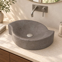 Sommer Perlato Marble Vessel Sink — three-quarter bathroom lifestyle