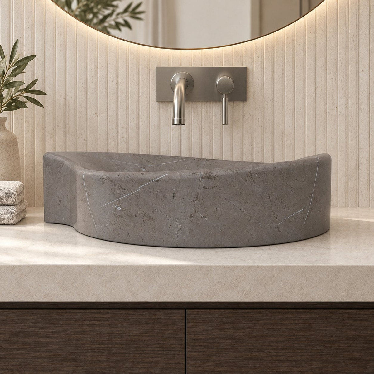 Sommer Perlato Marble Vessel Sink — low frontal bathroom lifestyle