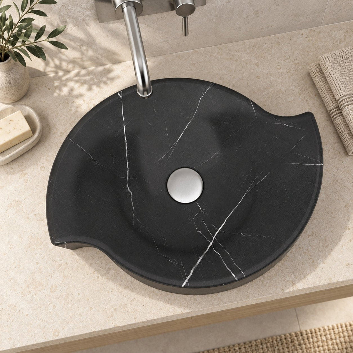 Sommer Portoro Marble Vessel Sink — overhead bathroom lifestyle