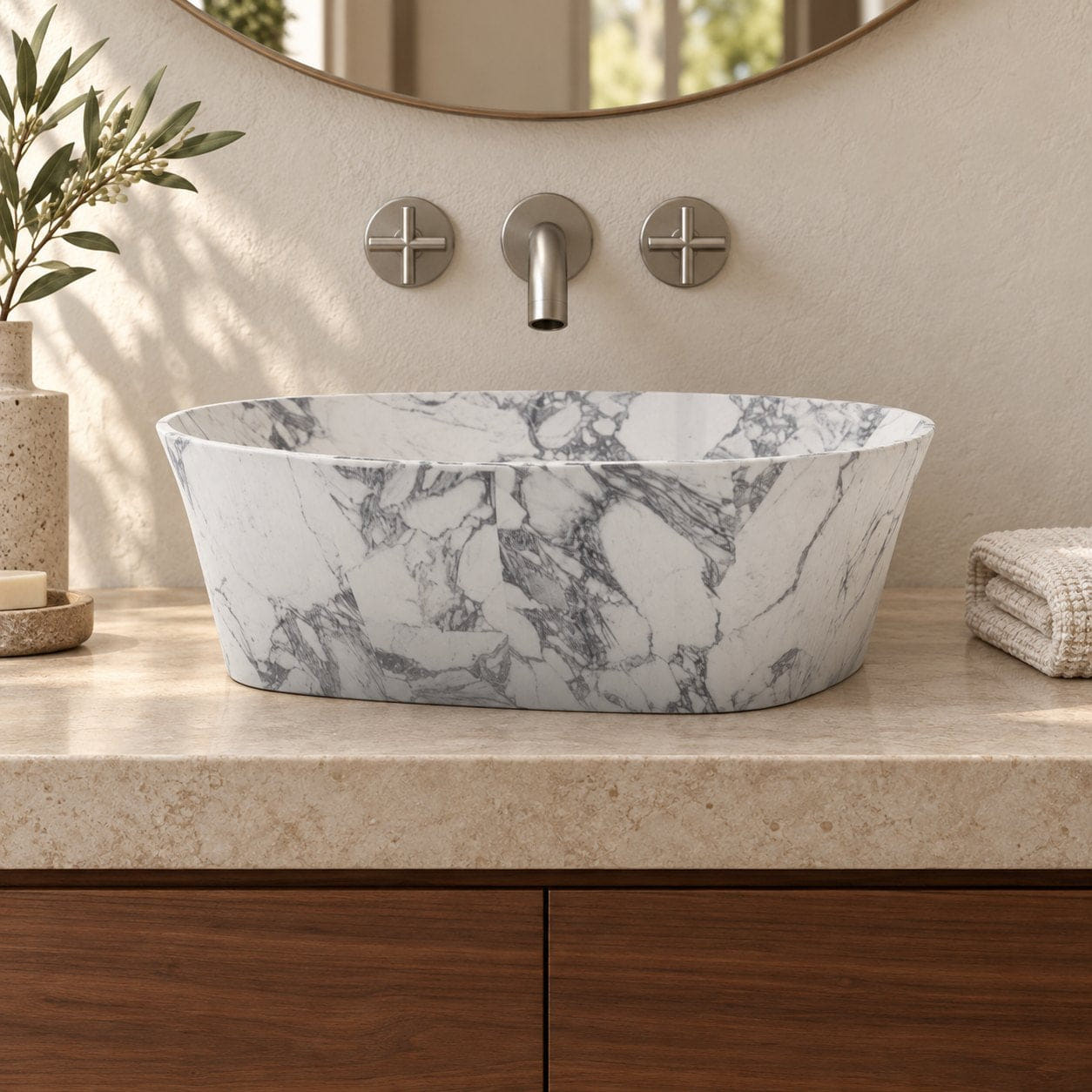 Sonaly Arabescato Stone Vessel Sink — low frontal bathroom lifestyle
