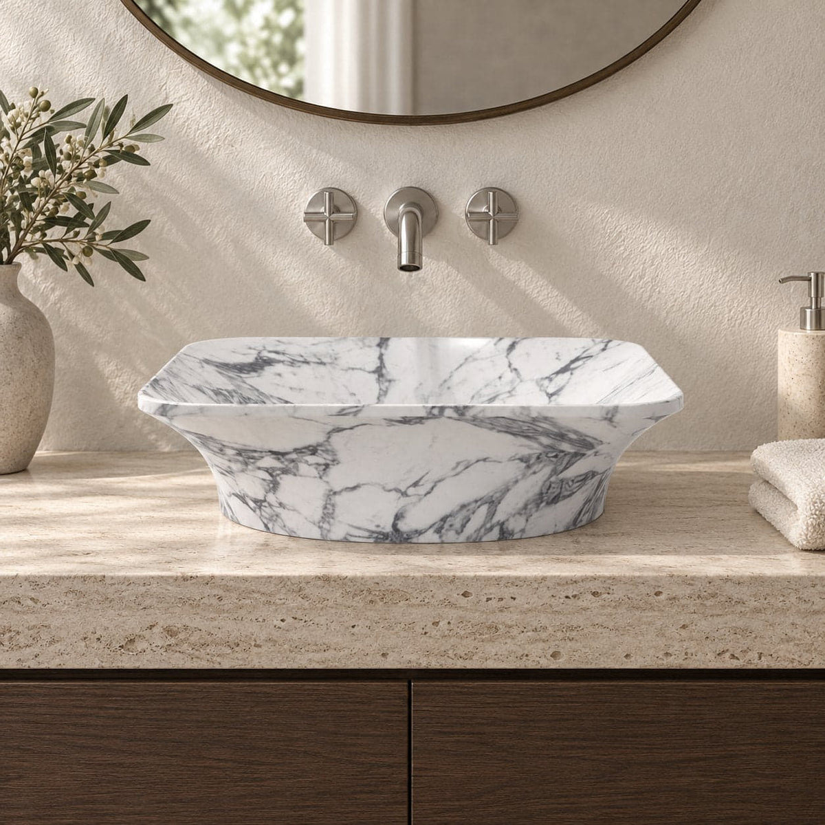 Sonary Arabescato Stone Vessel Sink — low frontal bathroom lifestyle