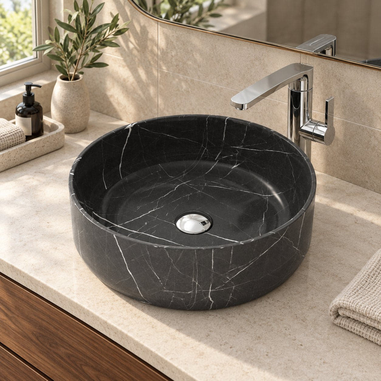 Sorcha Portoro Marble Vessel Sink — three-quarter bathroom lifestyle