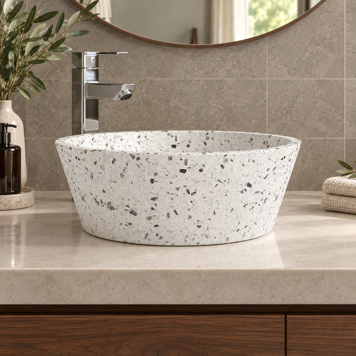 Souri White Terrazzo Vessel Sink — low frontal bathroom lifestyle