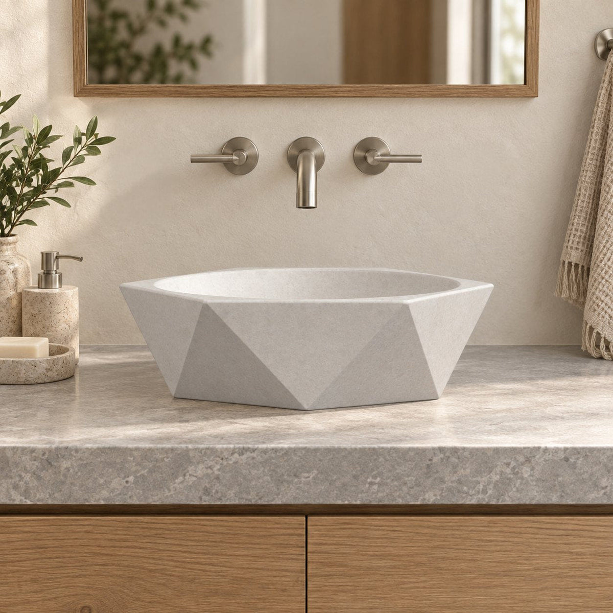 Syala Limestone Vessel Sink — low frontal bathroom lifestyle