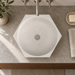 Syala Limestone Vessel Sink — overhead bathroom lifestyle