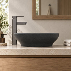 Vipra Neroco Stone Vessel Sink — low frontal bathroom lifestyle