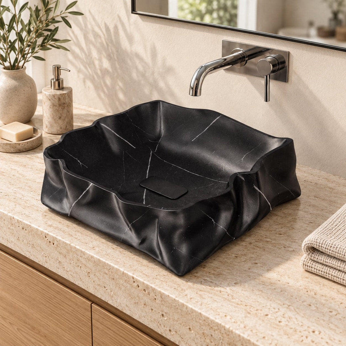 Srusti Portoro Marble Vessel Sink — three-quarter bathroom lifestyle