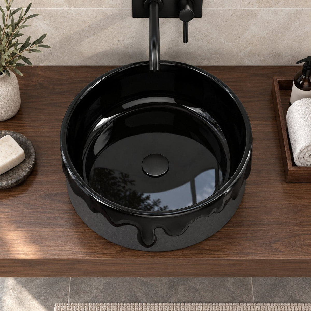 Stacy Neroco Stone Vessel Sink — overhead bathroom lifestyle
