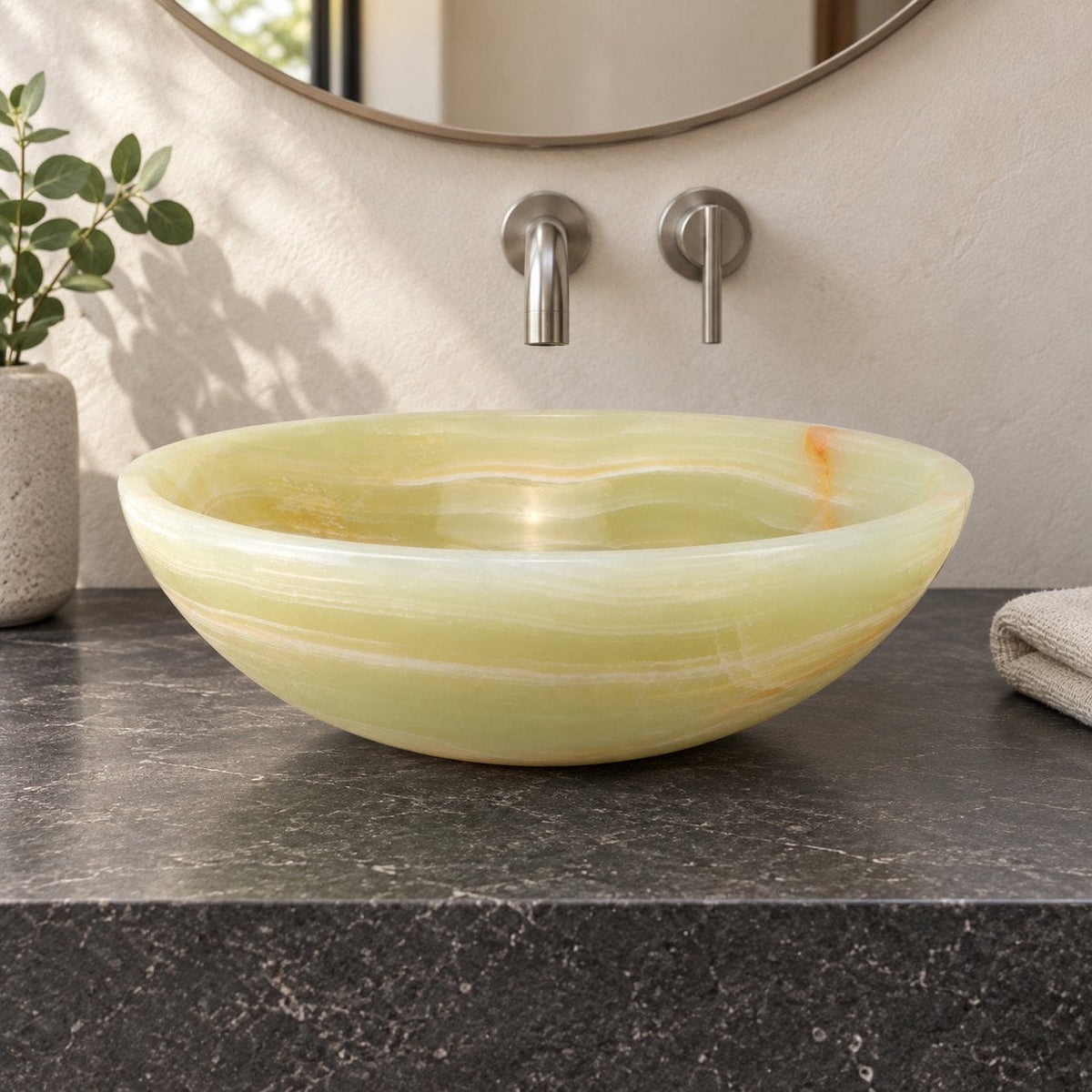 Vinko Green Jade Stone Vessel Sink — low frontal bathroom lifestyle