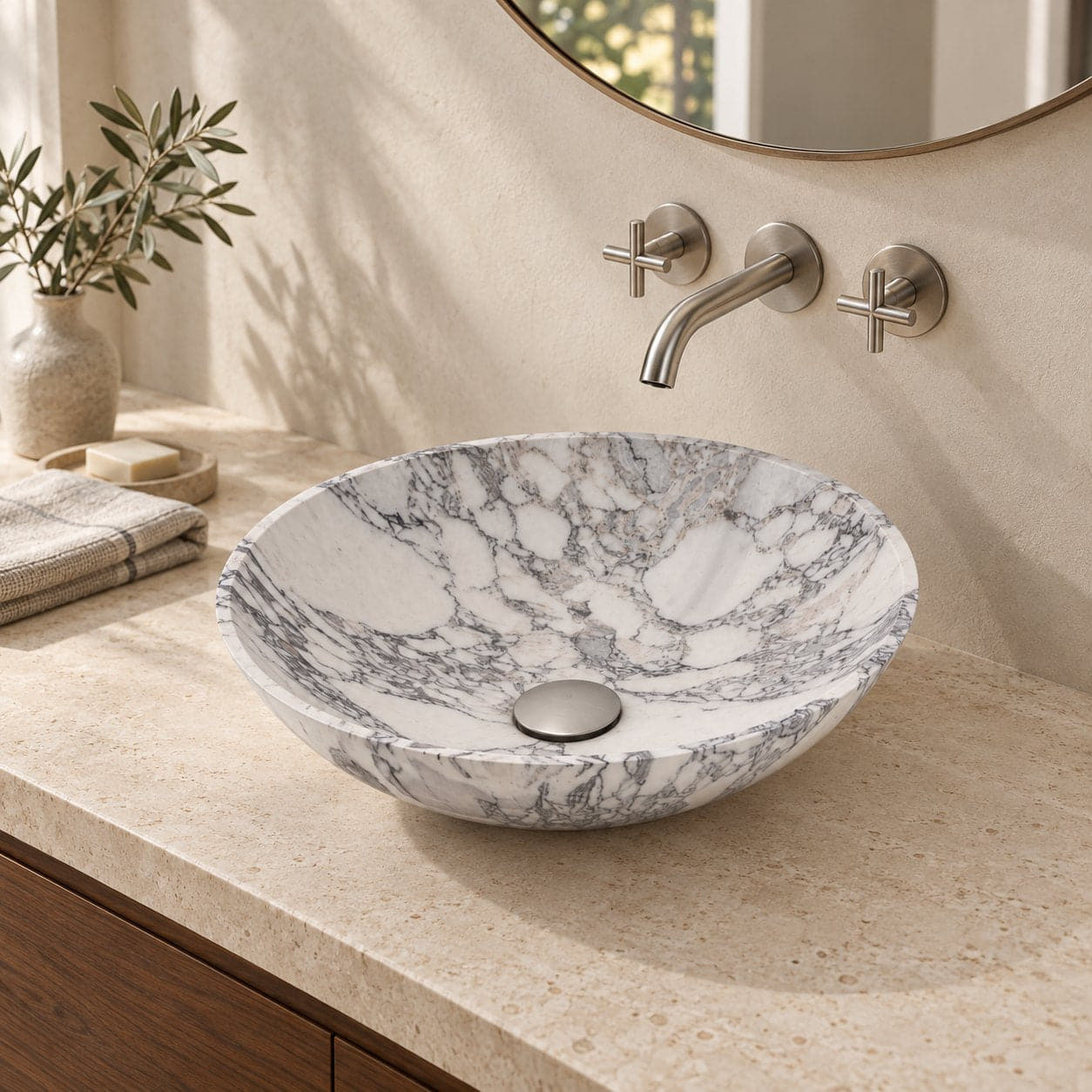 Vinko Arabescato Stone Vessel Sink — three-quarter bathroom lifestyle