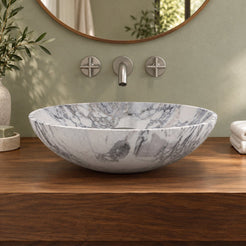 Vinko Arabescato Stone Vessel Sink — low frontal bathroom lifestyle