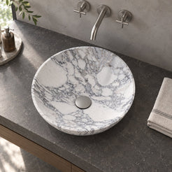 Vinko Arabescato Stone Vessel Sink — overhead bathroom lifestyle