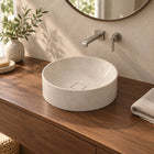 Seada Botticino Marble Vessel Sink — three-quarter bathroom lifestyle