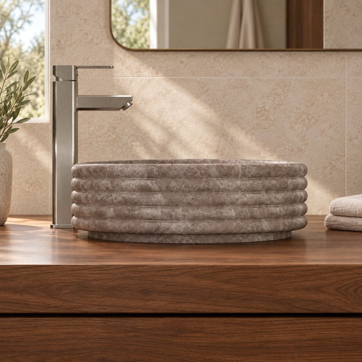 Seely Dorata Marble Vessel Sink — low frontal bathroom lifestyle